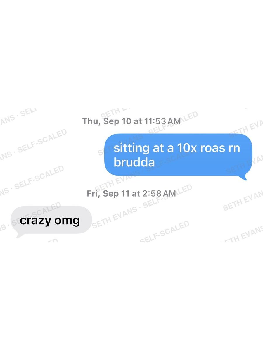 Text conversation: $10 back per $1 in ads